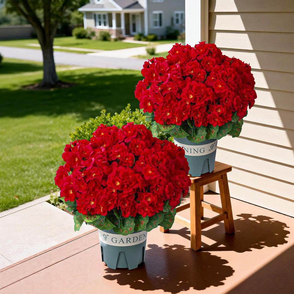 Geraniums Artificial Flowers for Outdoors, 2 Pack Potted Plants Red Faux Gera...