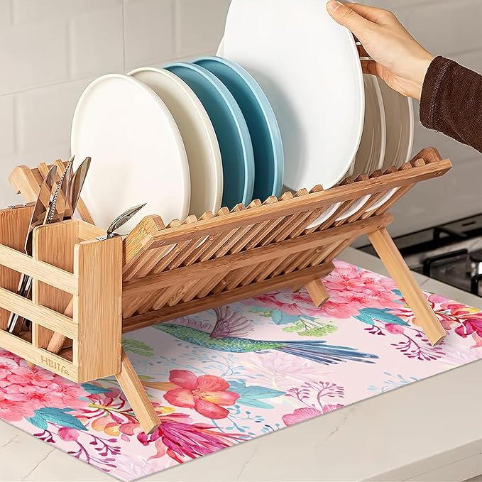 Humming Bird Dish Drying Mats 18x24 Inch, Tropical Flowers Dish Pad Drying Rack - Image 7