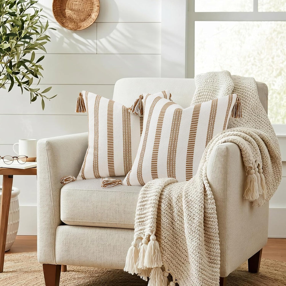 Smile Bee Outdoor Striped Pillow Covers 18x18 Set of 2 Brown and White