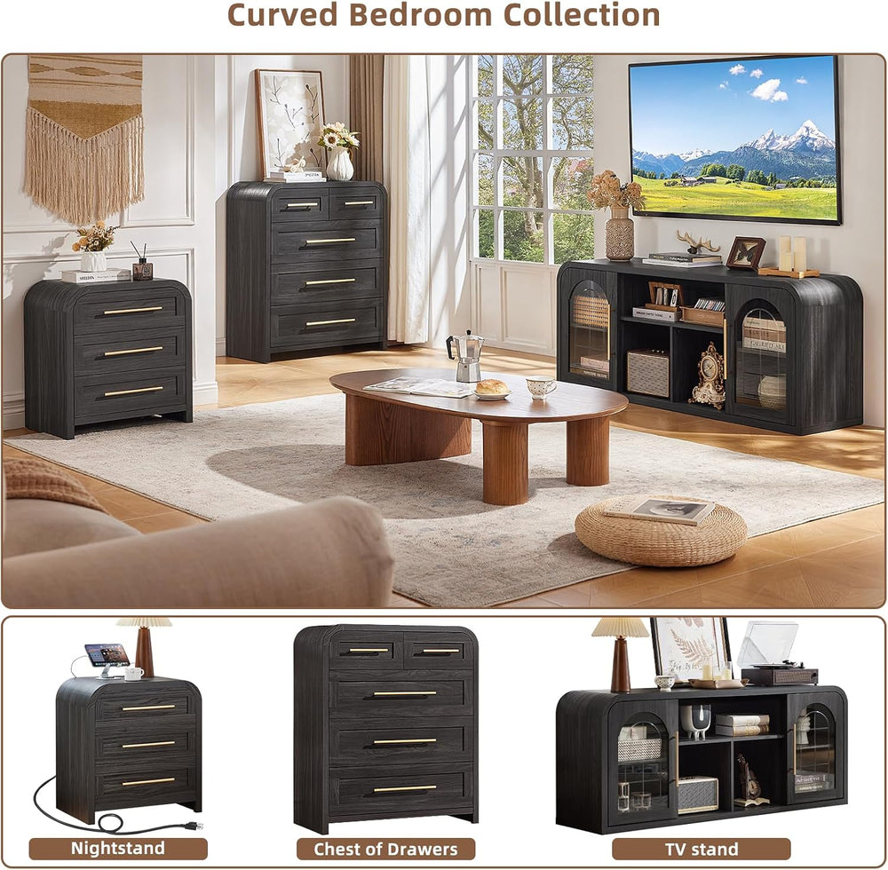 6 Drawer Dresser for Bedroom, Curved Chest of Drawers, Grey