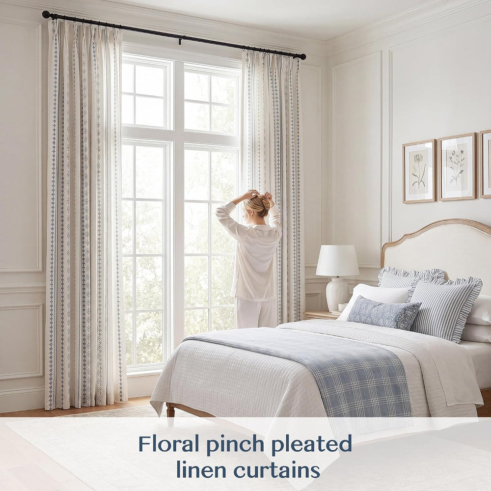 Navy Blue Floral Pinch Pleated Curtains 96 Inches Long, Block Print Vintage F...