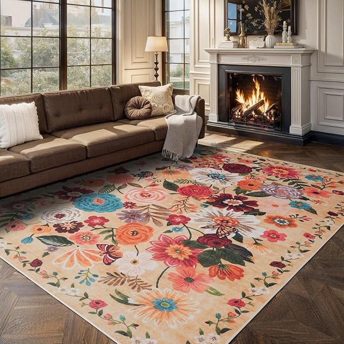 Area Rugs 9x12 Living Room Washable Rug Non Slip Floral Low Pile Large Rug - Image 7