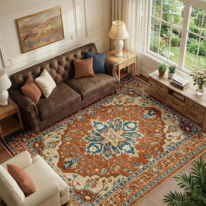 Area Rugs 6'x9' Washable Non-Slip, Floral Vintage Distress Print Pattern by RELEANY