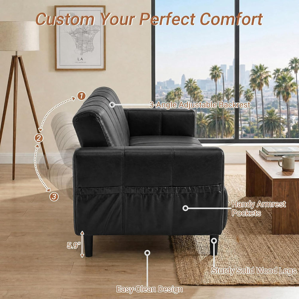 77" Mid Century Modern Faux Leather Couch, Black Leather Sofa Bed