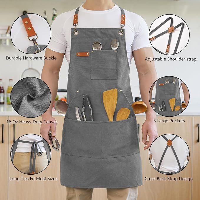 Aoomzoon Canvas Aprons for Men Chef Apron, Work Apron - 16oz Heavy Duty Cross - Image 3