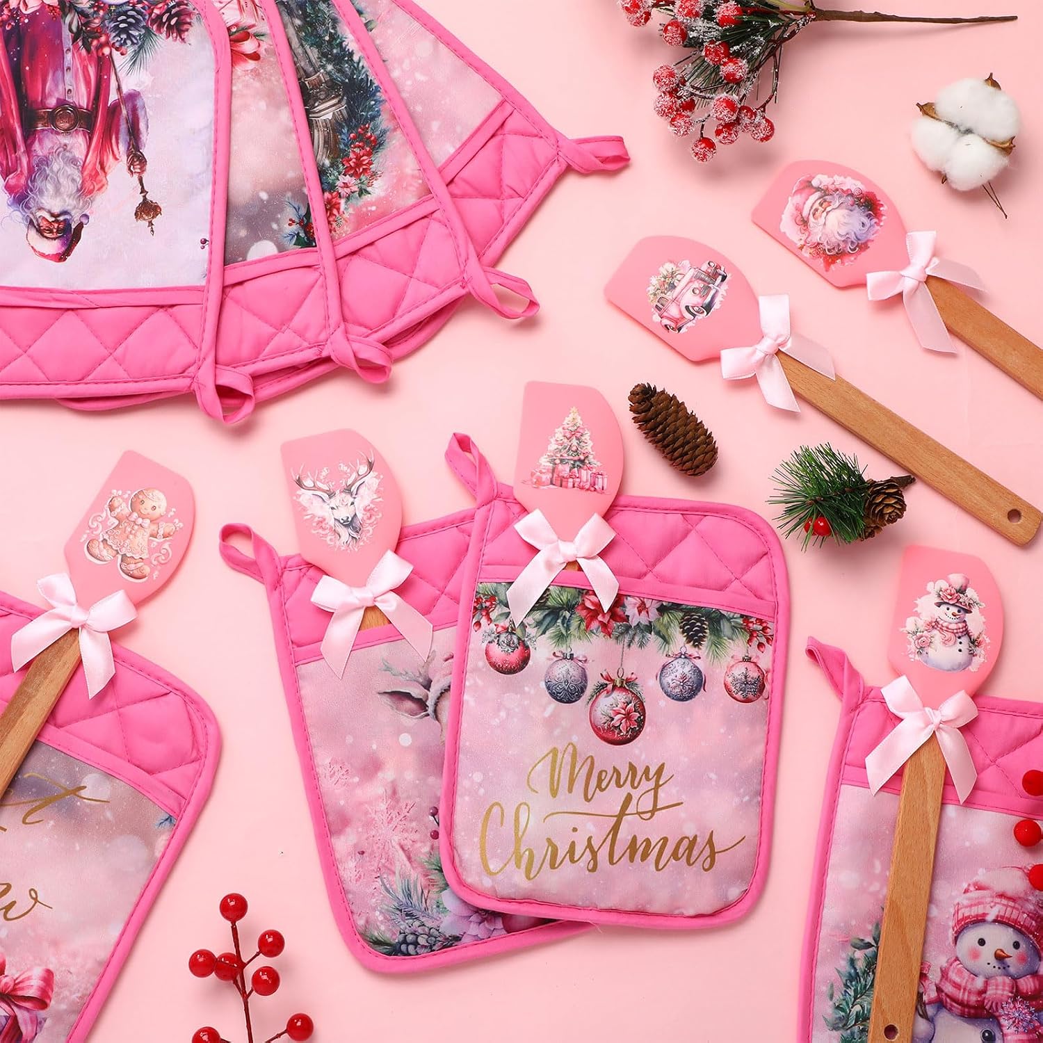 Reallnaive 24 Pcs Pink Christmas Pot Holders and Silicone Spatula Gift Christmas Hot Pads with Pocket Xmas Scraper with Wooden Handle Heat Resistant Oven Mitt Cookie Bag for Baking Cooking(Cute)