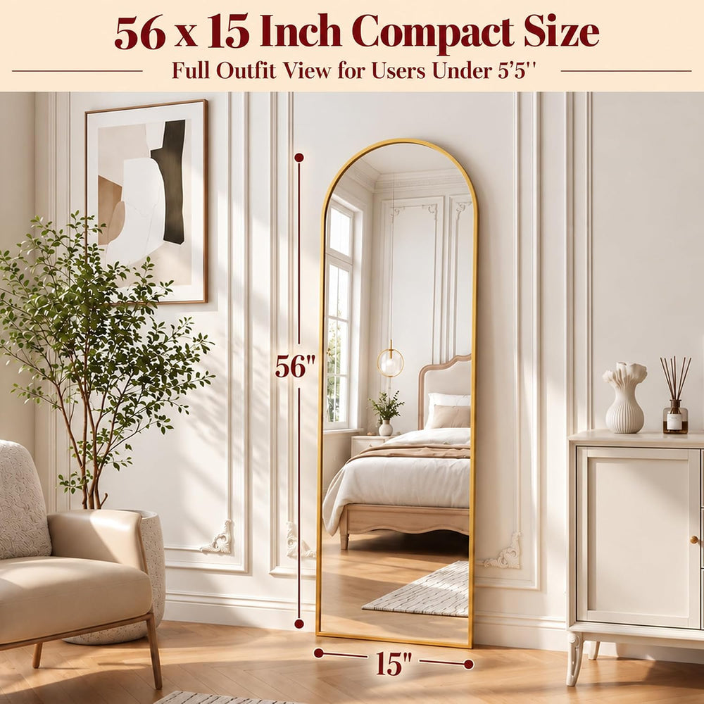Suidia 56"x15" Arched Full Length Mirror With Stand, Gold Floor Mirror