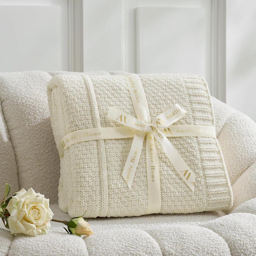 Premium Chenille Throw Blanket, Soft Cozy Moss Stitch Knit Blanket for Couch, Sofa, Chair, Home Decor, Cream White 50"x60"