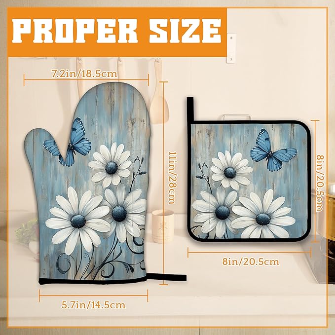 Blue Butterfly Oven Mitts and Pot Holders, Vintage Daisy Wooden Heat Resistant - Image 2