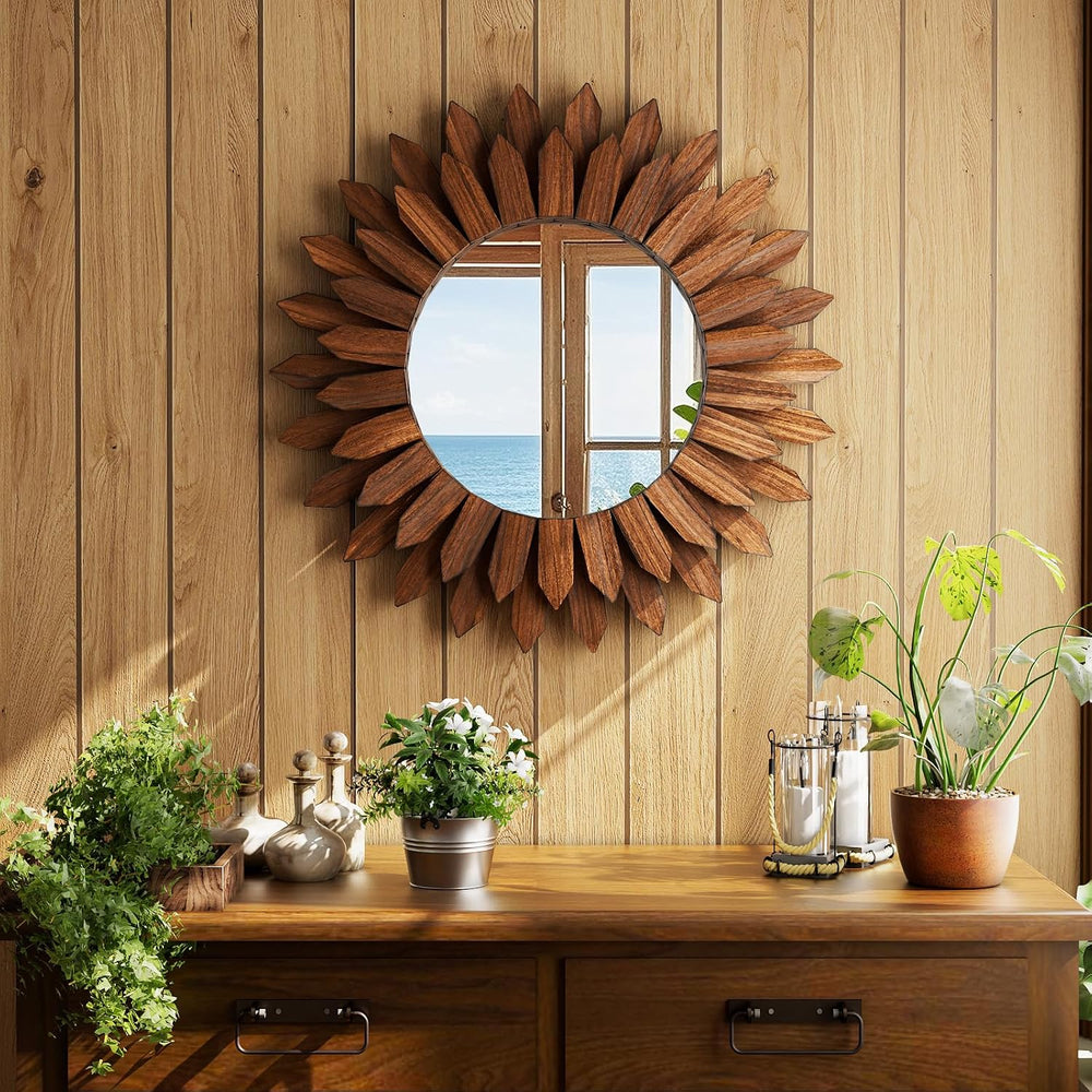 20" Walnut Round Sunburst Wooden Mirror Boho Rustic Wall Decor