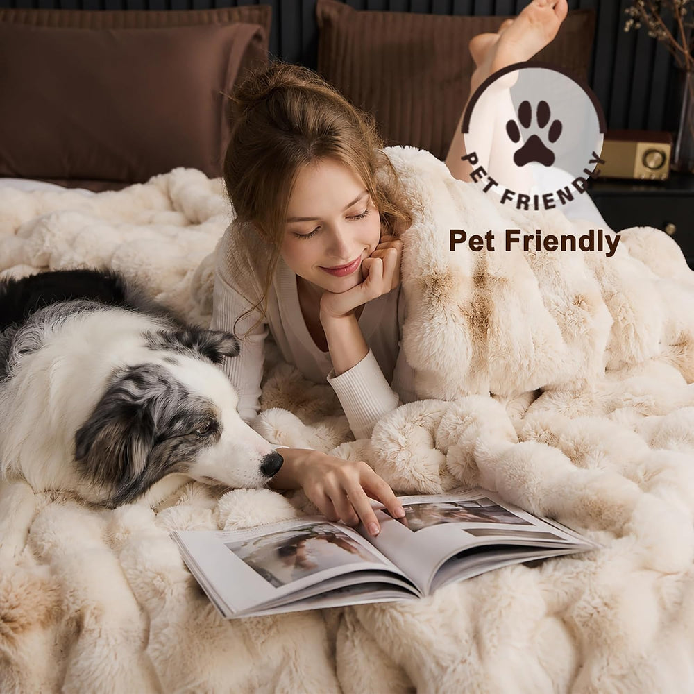 Wonderful - 3D Bubble Tie Dye Faux Rabbit Fur Comforter Set, Queen, Beige