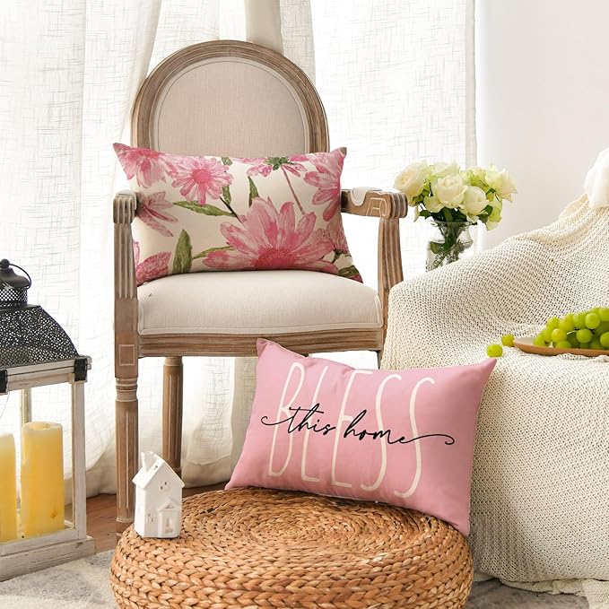AVOIN colorlife Home Sweet Home Spring Summer Flowers Pink Throw Pillow Covers - Image 3