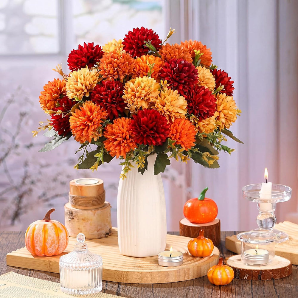 XunYee 24 Pcs Fall Artificial Flowers for Outdoor Faux Mums,Burnt Orange