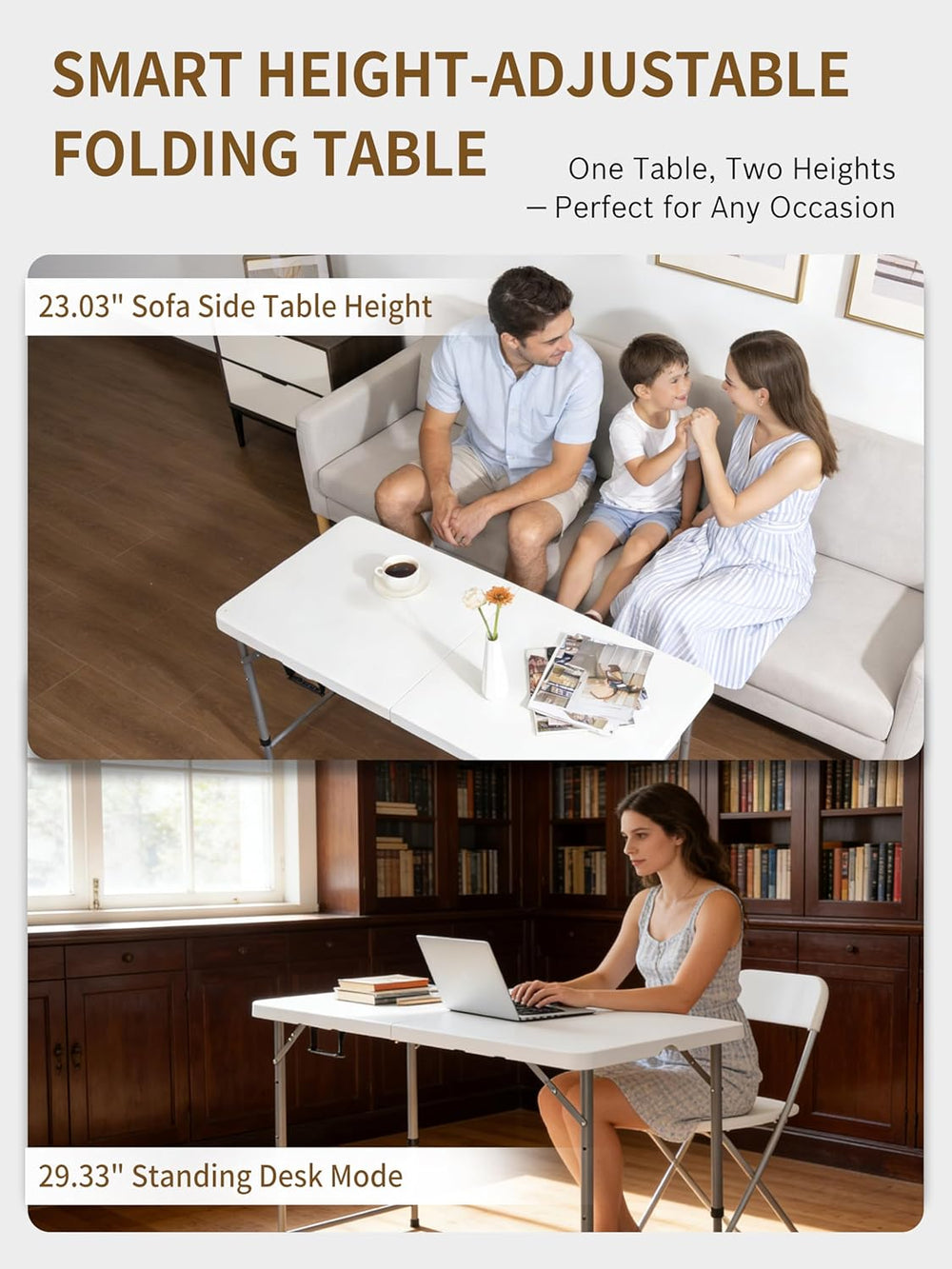 Folding Camping Table 4 Foot Adjustable Height 350lbs, 4FT Folding Picnic Car...