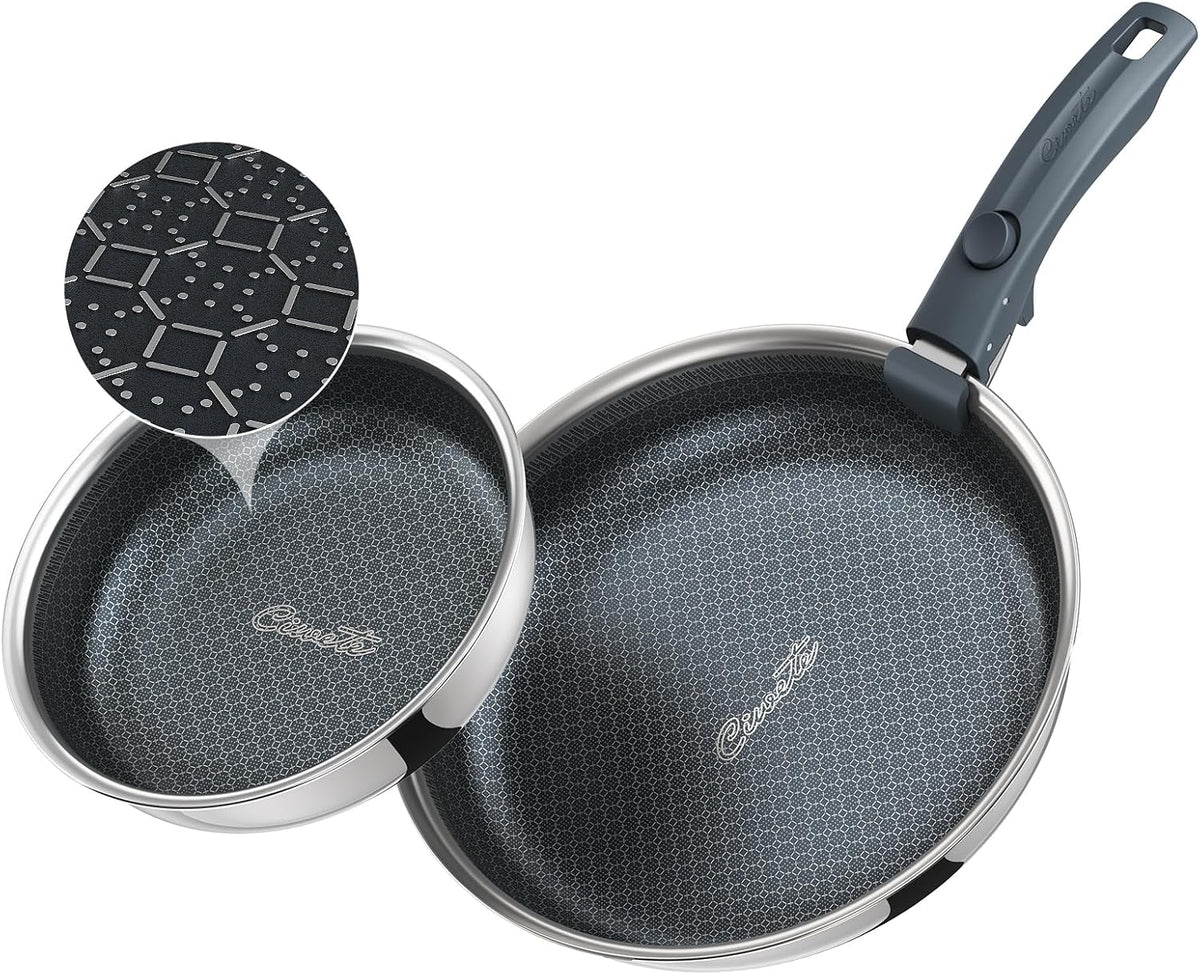 Ciwete Hybrid Non Stick Frying Pans Set 3-Piece, 8 & 9.5 Inch Tri-Ply Stainless