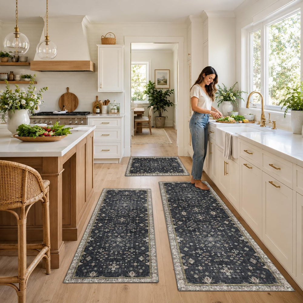 Black Boho Kitchen Rugs Set of 3, Non-Slip Machine Washable Kitchen Floor Mat...