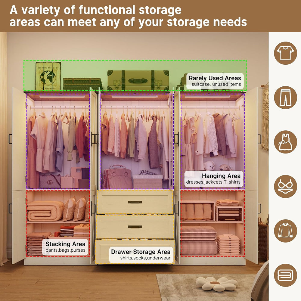 75" Tall Farmhouse 6 Doors Armoire Wardrobe Closet with 3 Drawers and LE...