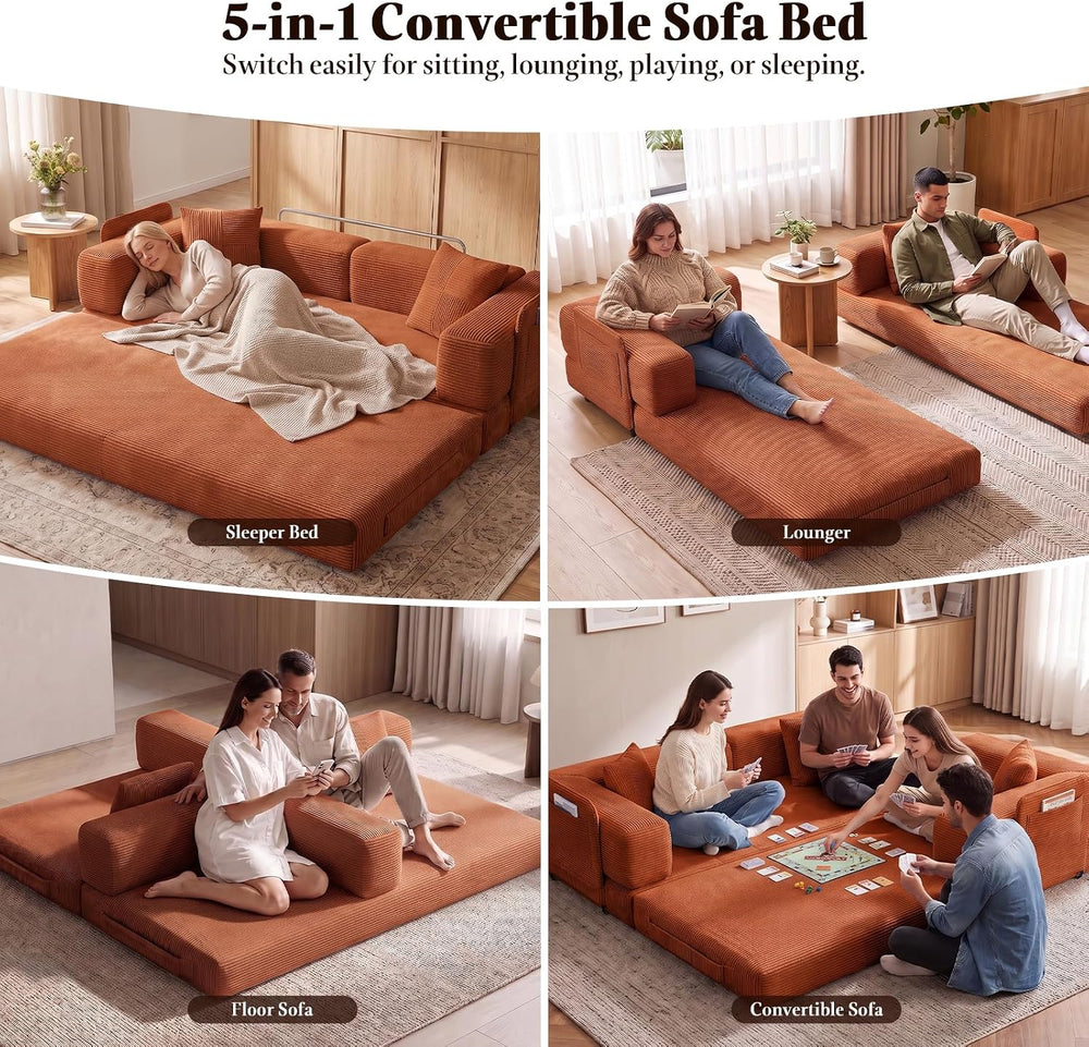 79.5" Convertible Floor Sofa Bed, 5-In-1 Corduroy Futon Couch, No Assembly