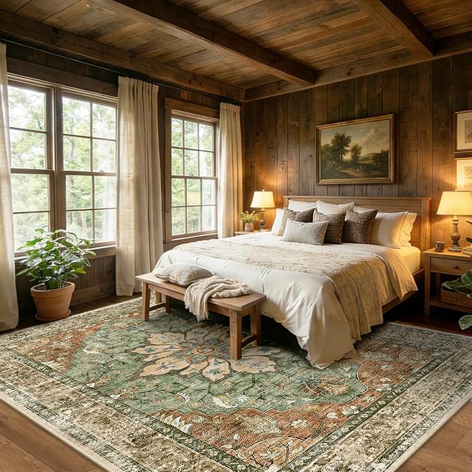 Area Rugs 10'x12' Washable Non-Slip, Floral Vintage Distress Print Pattern - Image 3