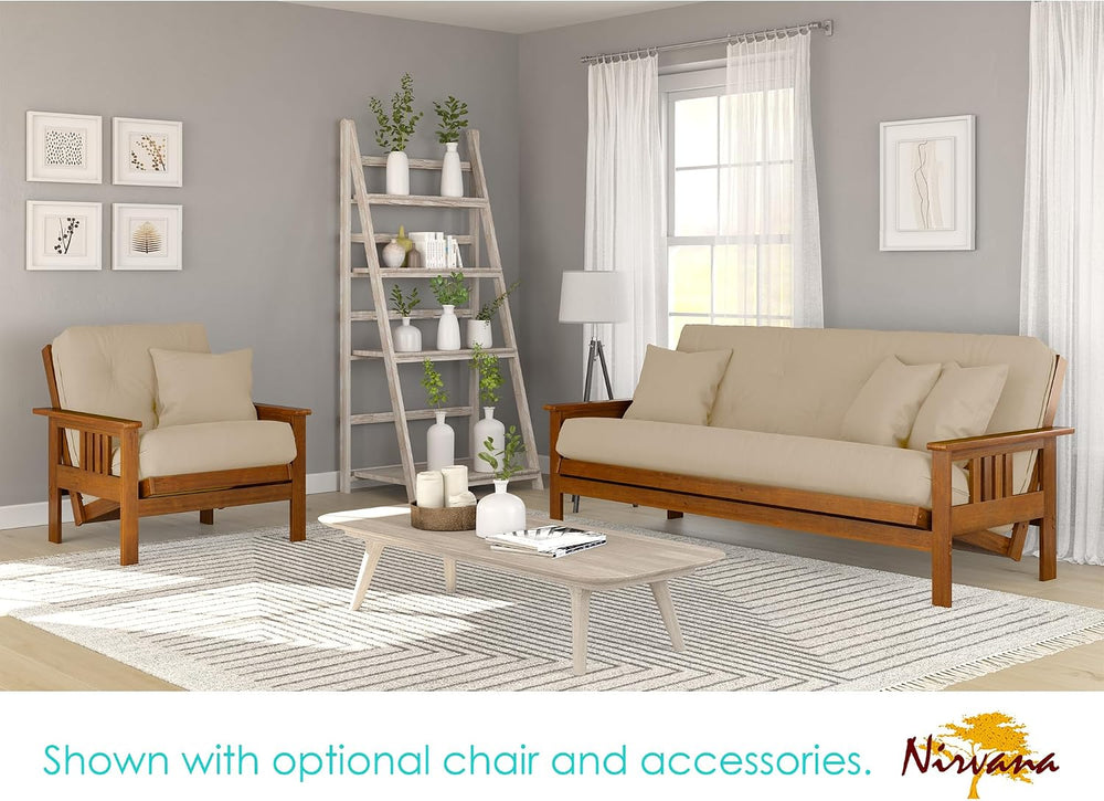 Stanford Futon Set - Queen Size, Frame, 8" Mattress, Twill Khaki Tan Cover