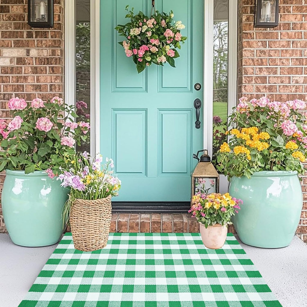 CAINANEL Buffalo Plaid Outdoor Rug Green and White Spring Door Mat Layering Rug Welcome Doormats for Spring Easter Farmhouse Entrance Porch Outdoors Decor