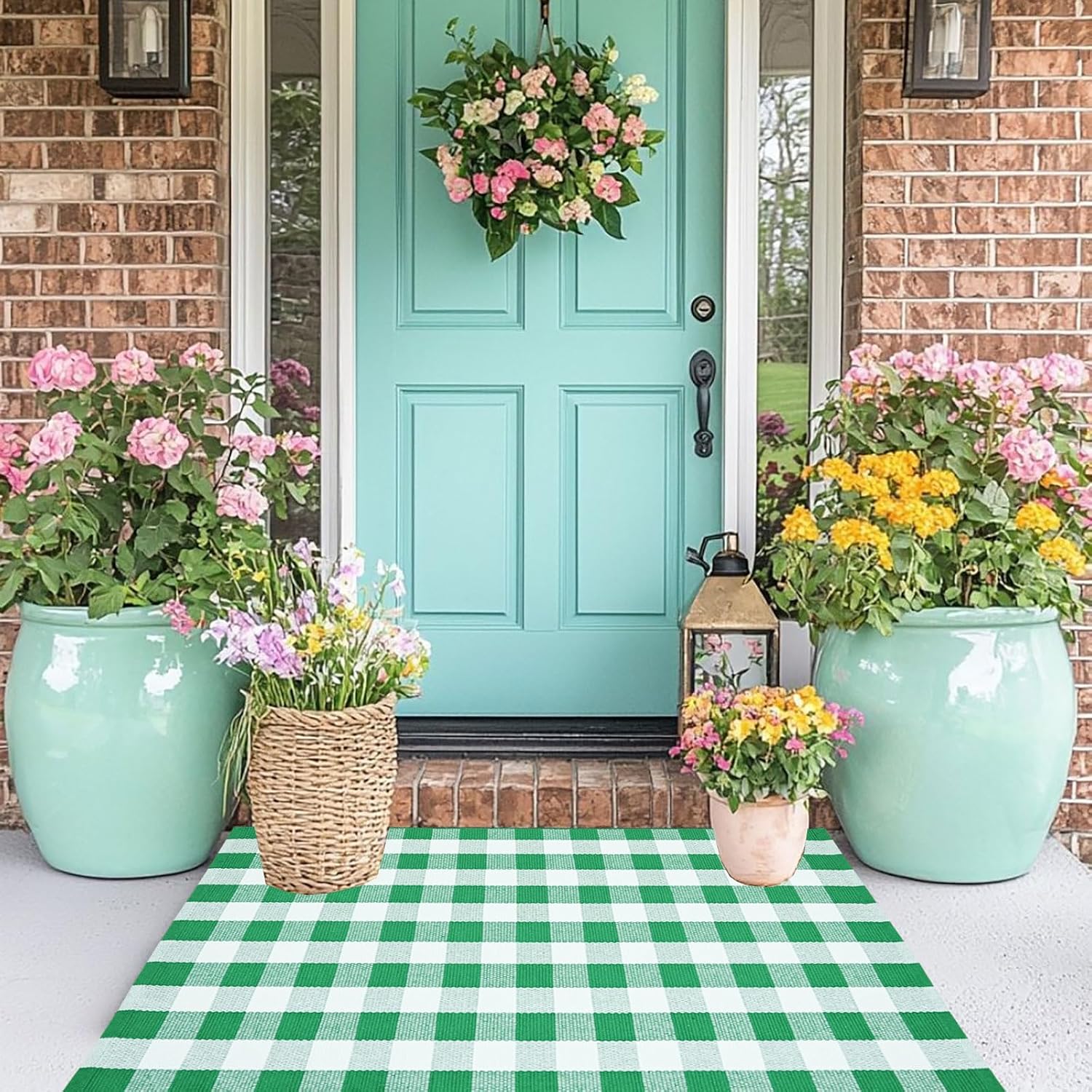CAINANEL Buffalo Plaid Outdoor Rug Green and White Spring Door Mat Layering Rug Welcome Doormats for Spring Easter Farmhouse Entrance Porch Outdoors Decor