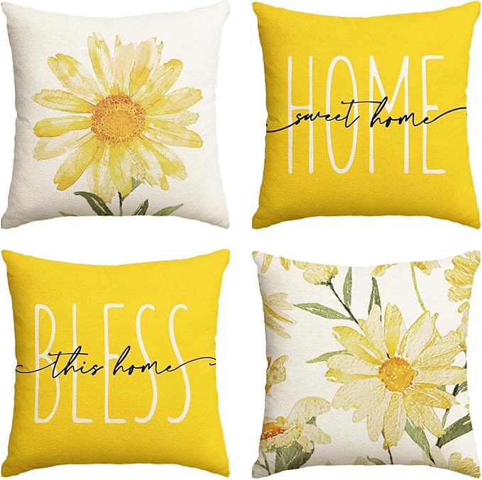 AVOIN colorlife Home Sweet Home Spring Summer Flowers Yellow Throw Pillow Covers by AVOINcolorlife