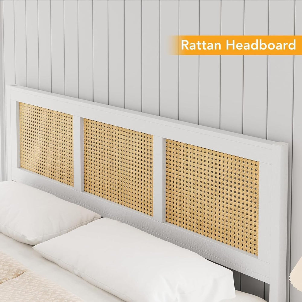Garvee Rattan Bed Frame with Headboard, Bohe Platform Full Size Bed Frame wit...