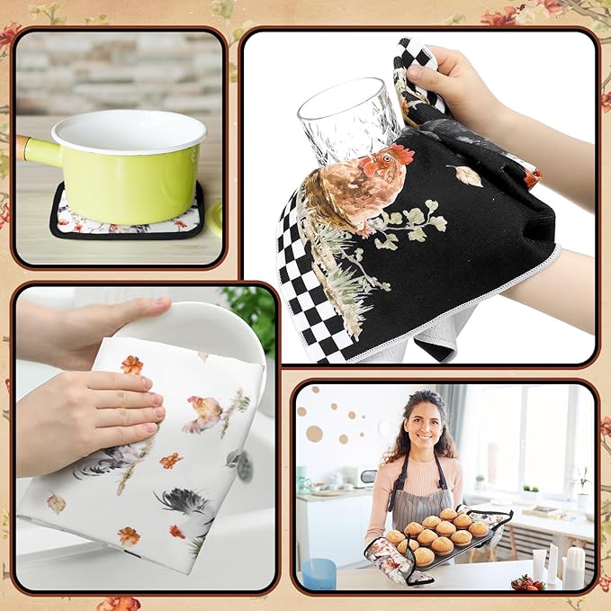 Fourluoo 10 Pcs Rooster Kitchen Dish Towels Rugs Oven Mitts and Pot Holders Set - Image 6