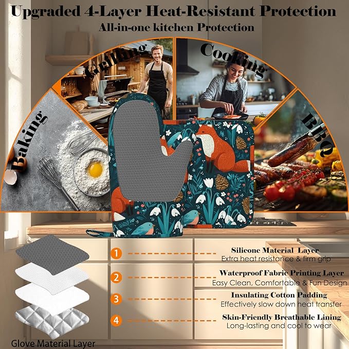 Forest Fox Animal Oven Mitts and Pot Holders Sets Green Floral Silicone Kitchen - Image 4