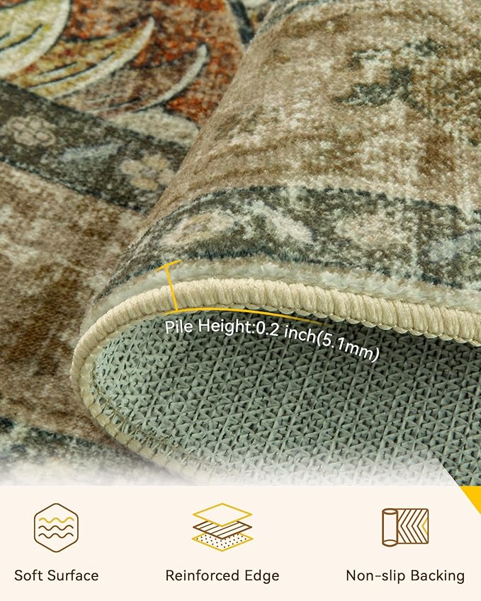 Area Rugs 4ft Washable Non-Slip, Floral Vintage Distress Print Pattern - Image 4