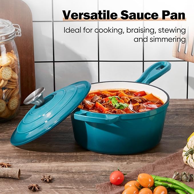 Homikit 3 Quart Saucepan with Lid, Enameled Cast Iron Saucepan