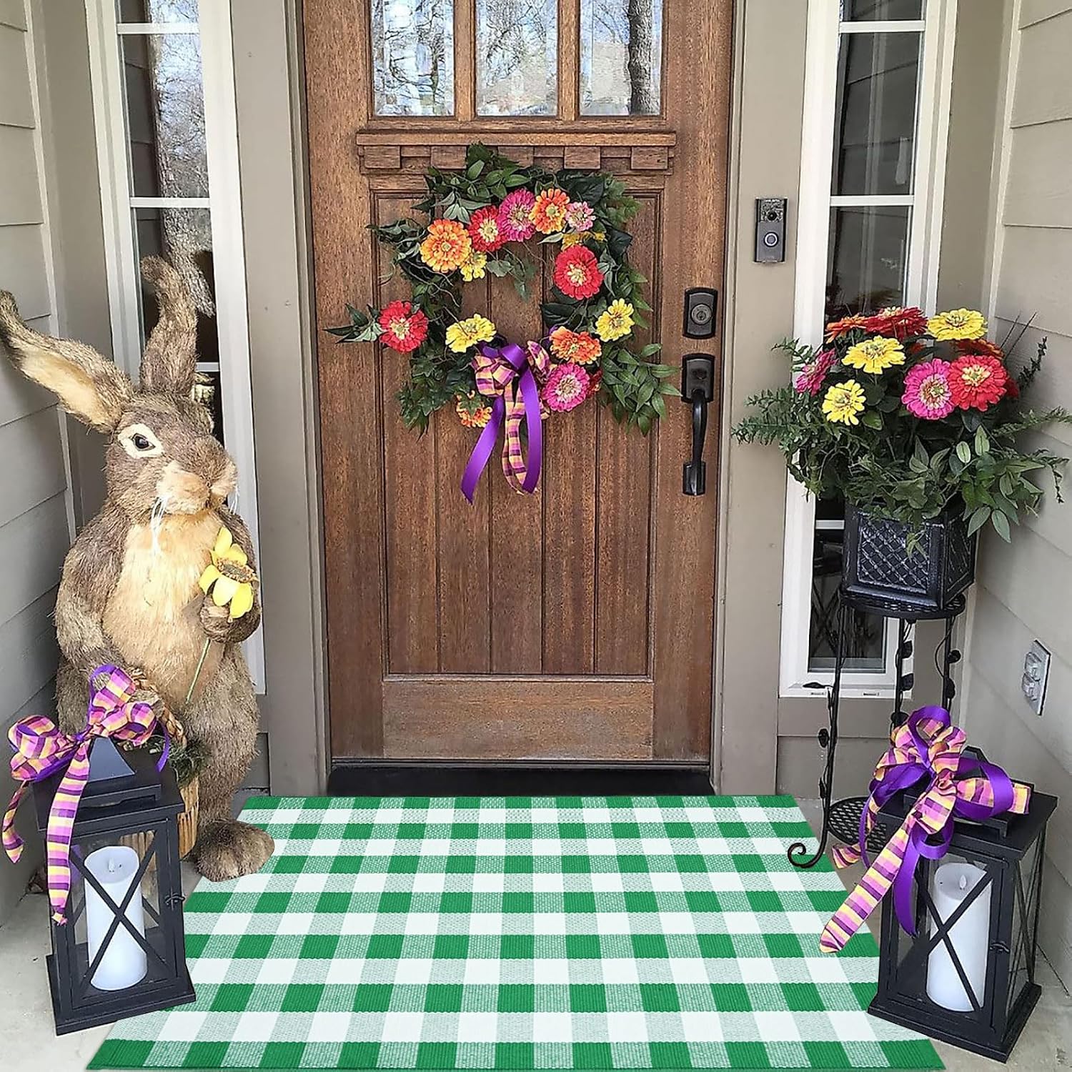 CAINANEL Buffalo Plaid Outdoor Rug Green and White Spring Door Mat Layering Rug Welcome Doormats for Spring Easter Farmhouse Entrance Porch Outdoors Decor