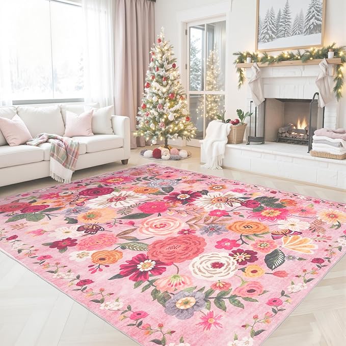 Pink Floral Girls Room Rug 5x7, Non-Slip Washable Rugs - Image 6