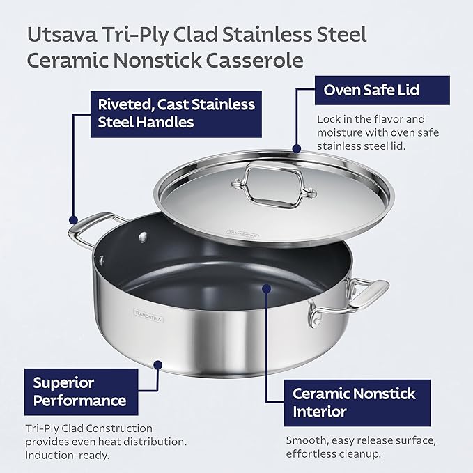 Tramontina Utsava Tri-Ply Clad Stainless Steel 6.5-Quart Casserole - Image 3