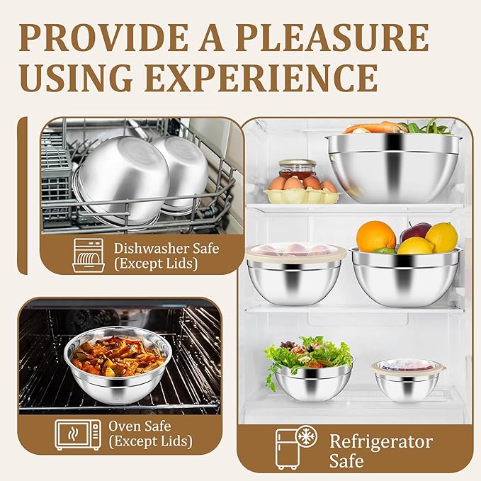 P&P CHEF Mixing Bowls with Visible Airtight Lids Set of 5, 10-Piece Stainless - Image 6