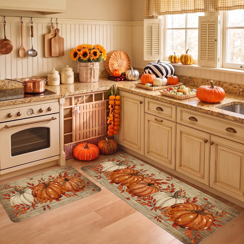 Fall Kitchen Mats Decor, Autumn Pumpkin with Brown Wood Grain Fall Kitchen Rugs Set of 2 Indoor Non Slip Washable Floor Mat Runner Rug Home Decorations