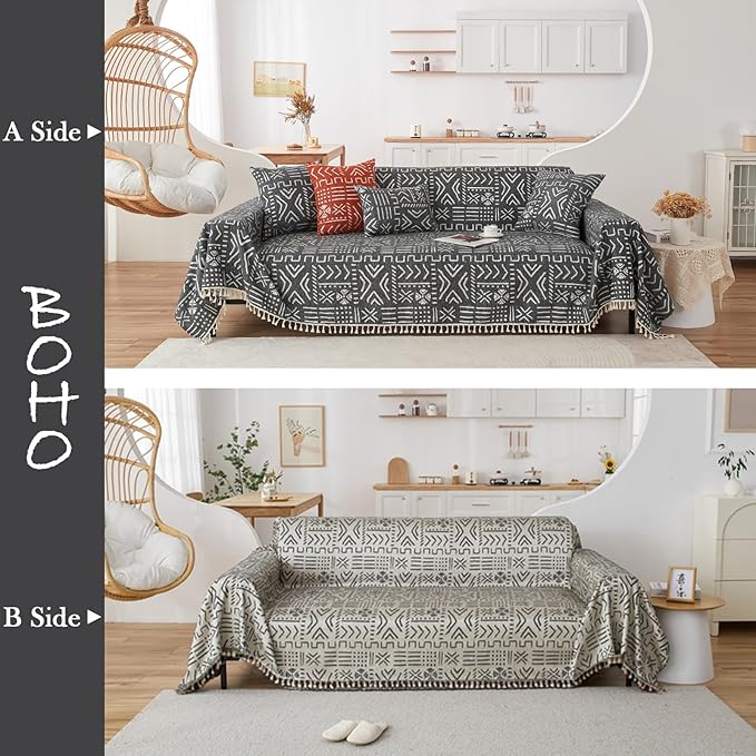 HANDONTIME Black White Boho Sofa Cover Boho Geometric Couch Covers Tassel - Image 2