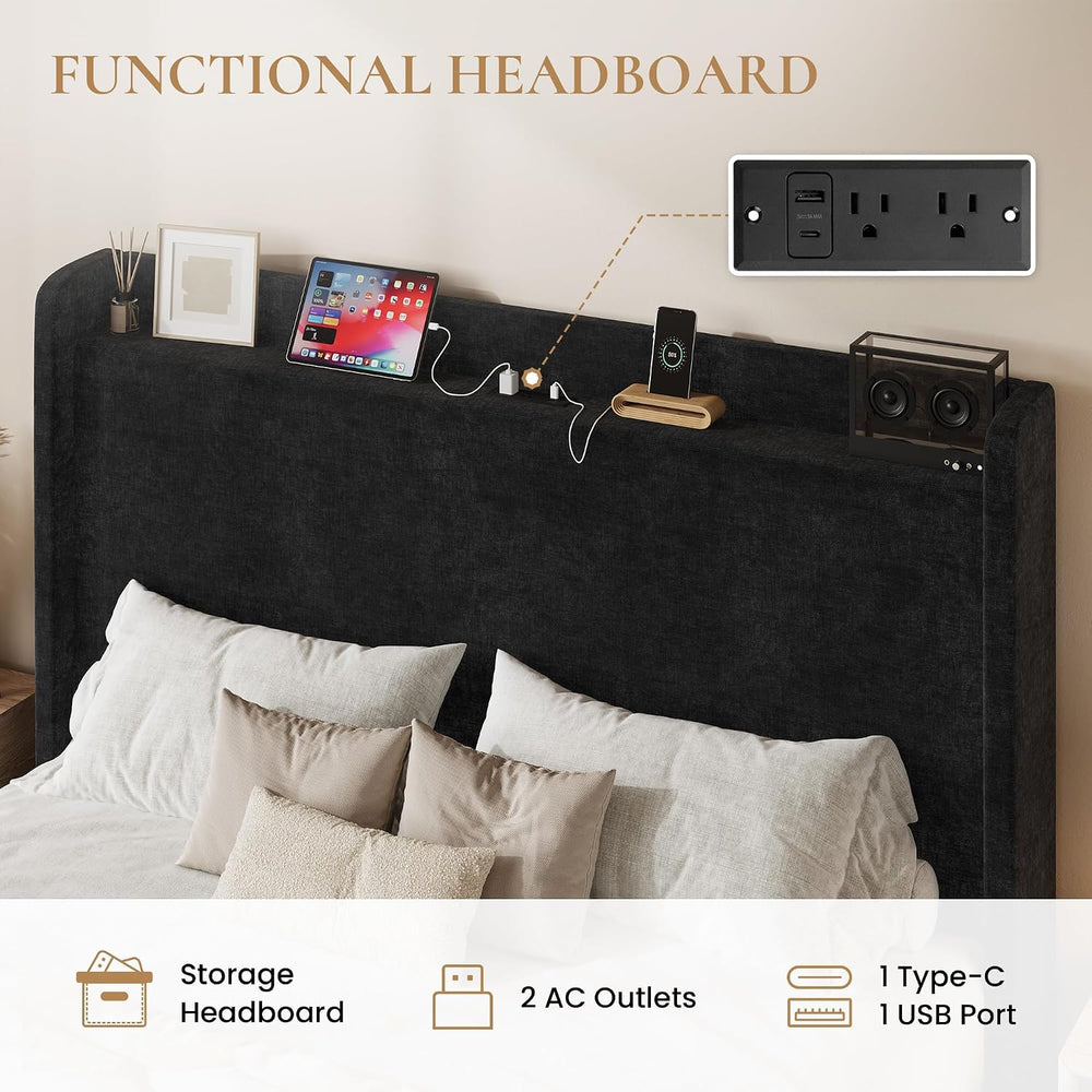 SHA CERLIN Full Size Bed Frame, Chenille Storage Headboard and USB, Black