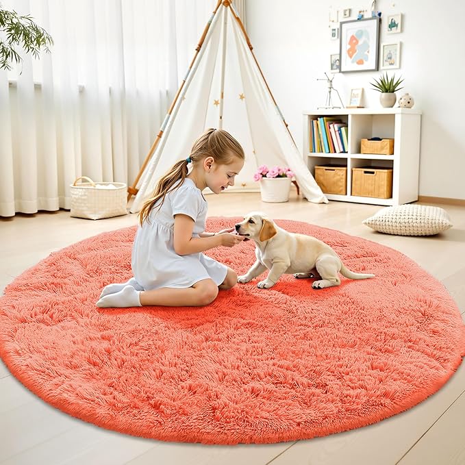 OLANLY Coral Red Round Rugs for Bedroom