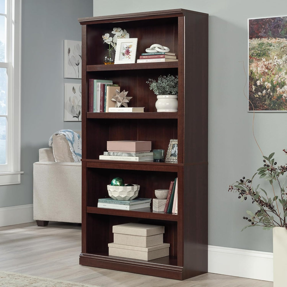 5-Shelf Bookcase with Storage, Classic Cherry Finish Wood Bookshelf for Livin...