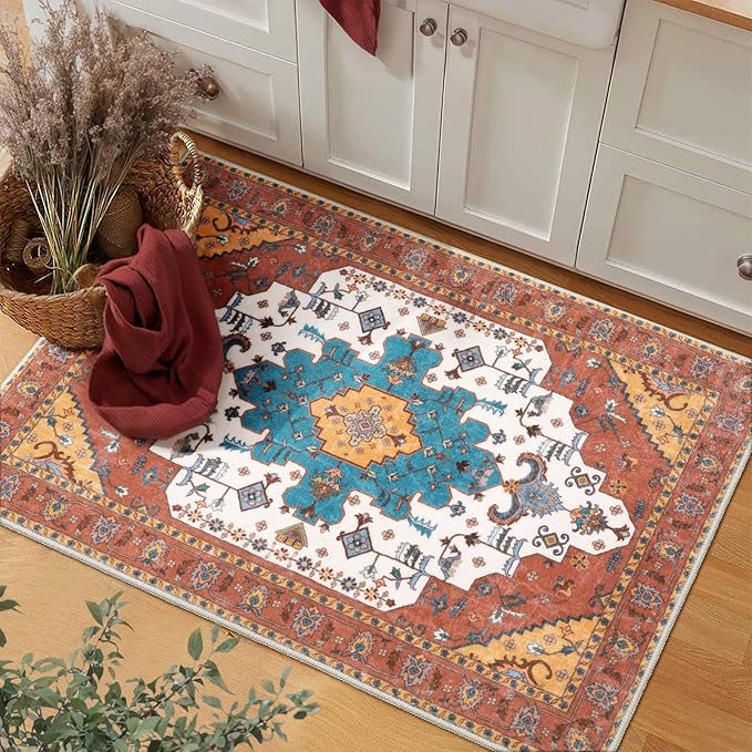 SERISSA Boho Rugs for Entryway, 2x3 Orange Entryway Rug Non-Slip Washable Small - Image 5