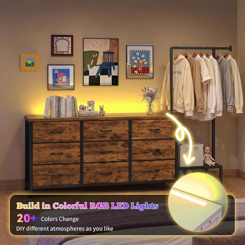 9-Drawer Dresser with Extendable Hanging Rack & LED Lights, Brown