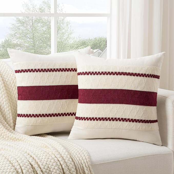 Fancy Homi Set of 1 Burgundy Boho Decorative Throw Pillow Covers 22x22 Inch - Image 2