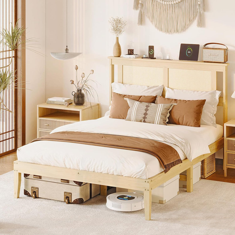 VINGLI Rattan Full Bed Frame with Rattan Headboard,Boho Platform Bed with Cha...