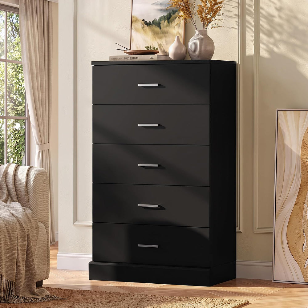 WLIVE Black 5 Drawer Dresser Tall for Bedroom with SGS-Tested Anti-Tip