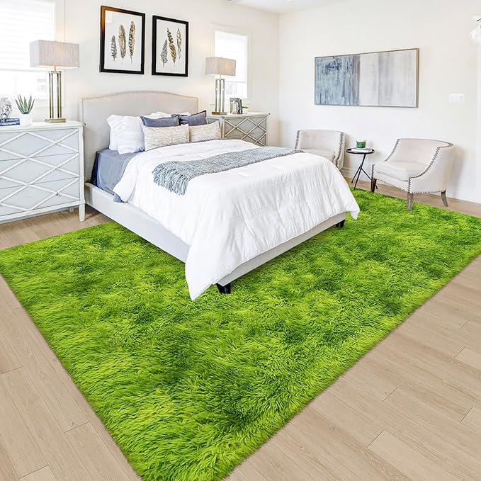Green Tie-Dyed Rug for Living Room 5x8 Fluffy Area Rug Mat Bedside Throw Rug by JiaoBaba
