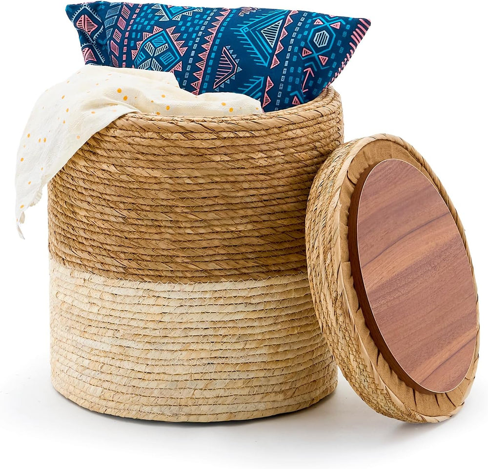 Round Storage Pouf Ottoman Hand Weaving Natural Boho Straw Footstool Pouffe