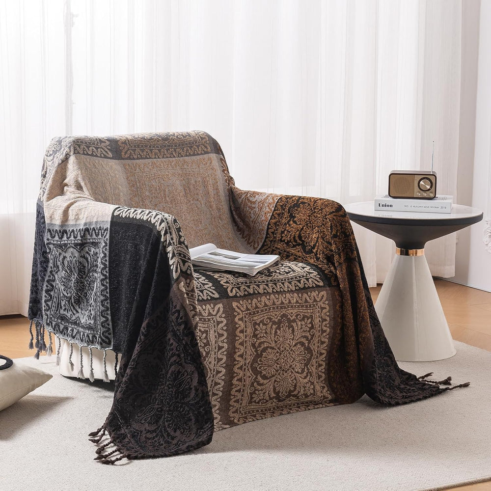 Boho Throw Blanket, Chenille Jacquard Tassels Throw Blankets for Bed Couch So...
