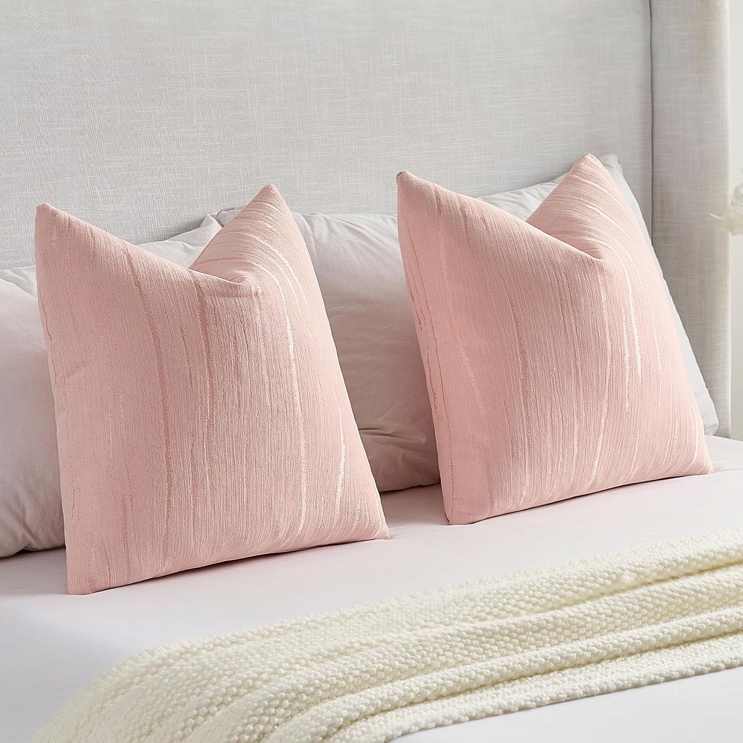 FUTEI Pack of 2 Chenille Striped Throw Pillow Covers 20x20 Inch,Pink | Soft Embossed Striped Decorative Pillow Covers,Hidden Zipper,Machine Washable,Colorfast,for Sofa Bed Living Room